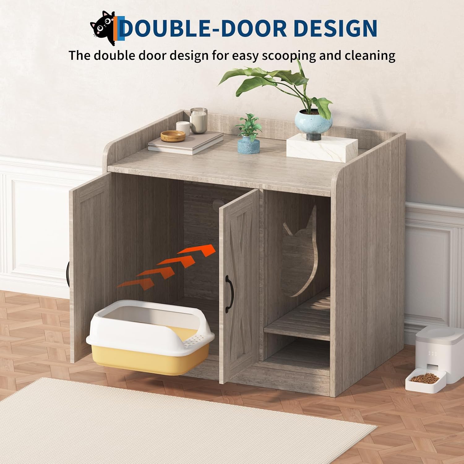 Cat Litter Box Enclosure,Hidden Litter Box Furniture with Divider,Indoor Cat House,Wooden Cat Washroom Storage Cabinet Bench, Side End Table Nightstand, 33.07"L × 23.62"W × 23.92"H,Light Gray