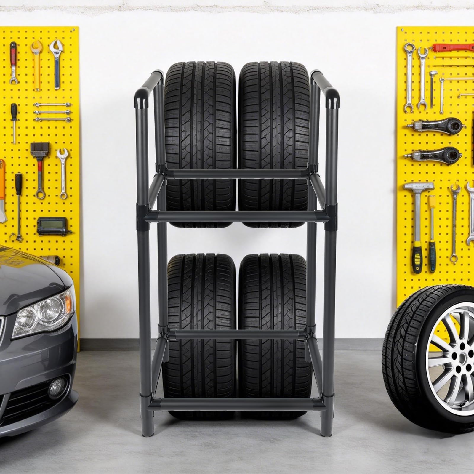 Porte-pneus pour 4 Pneus, Étagère de Rangement pour Pneus Réglable en Hauteur, Structure en Acier Robuste, Support de Rangement pour Garage & Atelier (57,2 x 37,3 x 114,6 cm)