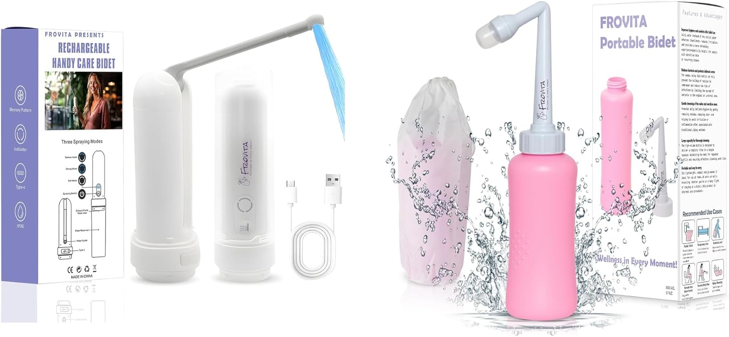 Portable Bidet Set: USB-C Rechargeable Electric Bidet (3 Pressure Modes, IPX7 Waterproof) Plus 500ml Manual Peri Bottle (Leak-Resistant, Large Capacity) for Travel and Postpartum Care