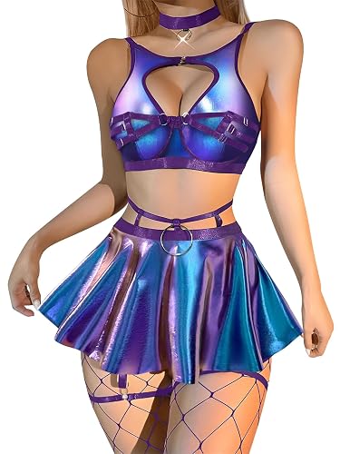 Lilosy Sexy Lingerie Set 5 Piece Women Y2k Skirt Rave Outfit 3XS-6XL | Latex Pu Leather Strappy Fishnet Stocking Choker Plus Size Curvy Exotic Push Up Underwire Halloween Christmas Valentine's - XX-Large - Laser Purple