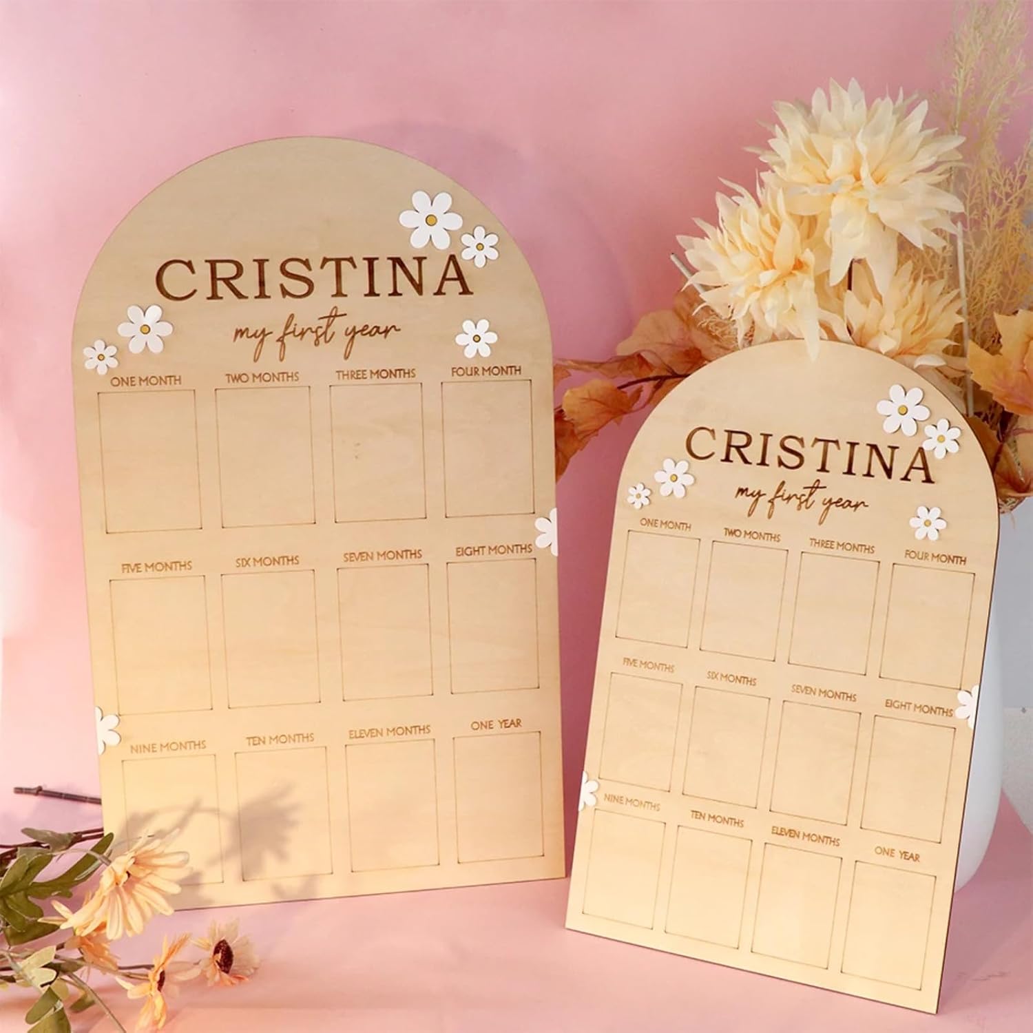 My First Year Photo Display Board Wooden Baby Picture Frame 12 Months,1st Birthday Decorations for Girl Boy,Nursery Decor,Baby Photo Props,Personalized Name Milestone Wood Decorations (51x31cm)