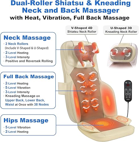 Miniatura 7 de Shiatsu - Cojín de masaje de cuello y espalda con calor, amasado 4D, vibración y diseño de doble cuello, intensidad y altura ajustables, ayuda con