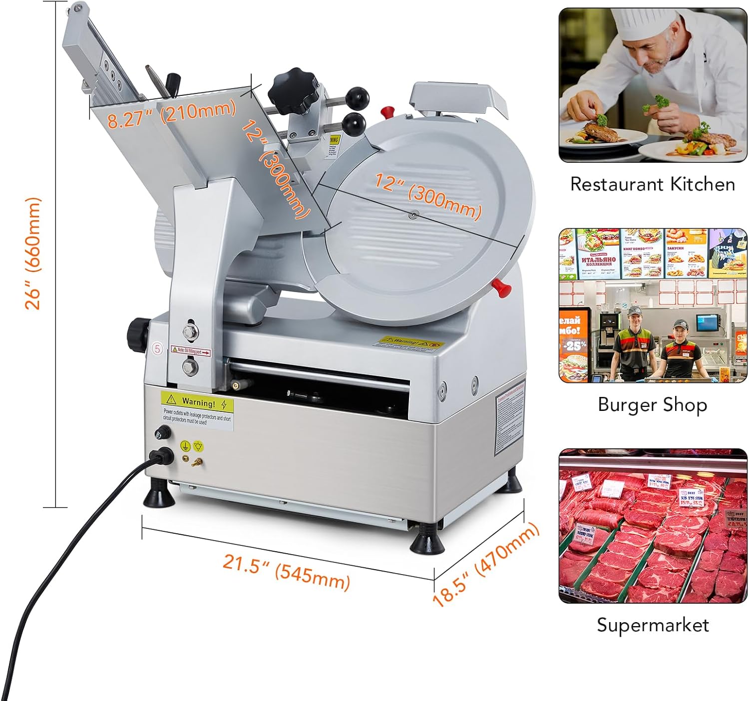 Fully Automatic Meat Slicer, 12" Carbon Steel Blade, Adjustable 0-14mm Thickness, 550W Dual Motors, Commercial Electric Meat Slicer Deli Food Slicer for Meat, Cheese, and Bread - Perfect for Home Use