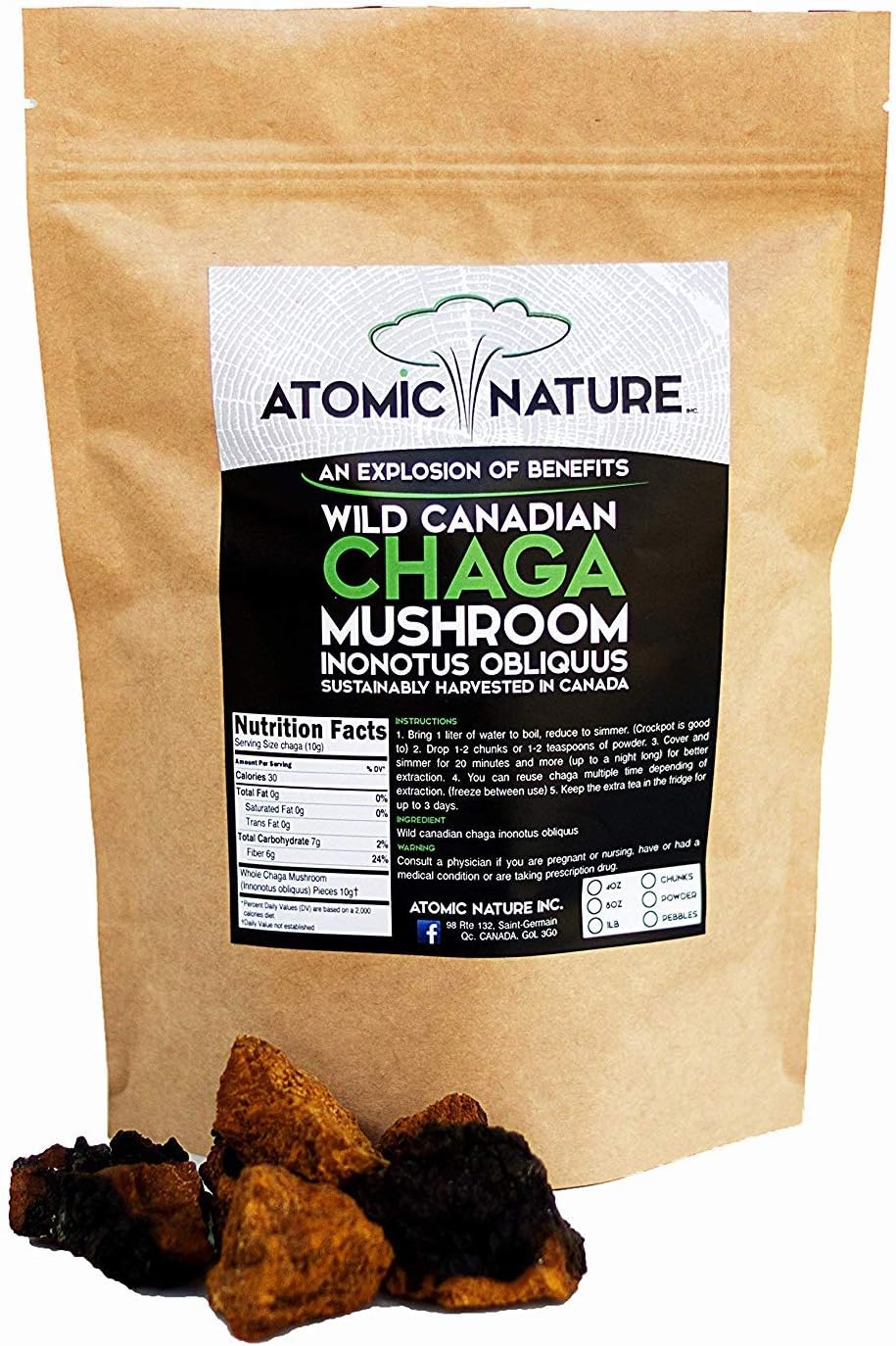 8oz Raw Organic Wild Chaga Mushroom Tea Chunks - 100% Natural Hand-Harvested Canadian Forest Chaga Superfood, Healthy Immune System Booster & Antioxidant