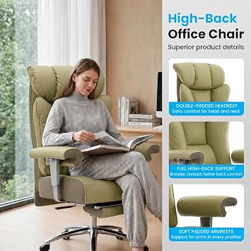 Efomao Desk Office Chair, Big and Tall Ergonomic Executive Chair with Footrest, High Back Reclining Computer Desk Chair, Thick Padded Wide Armrests 200KG Heavy Duty PU Leather Office Chair