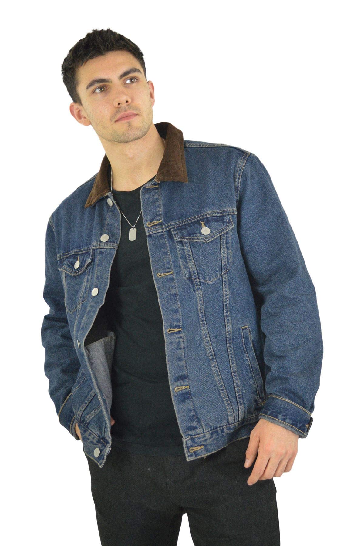 New Look Mens Mid Wash Blue Fitted Denim Jacket Brown Fine Needle Cord Collar Size XS
