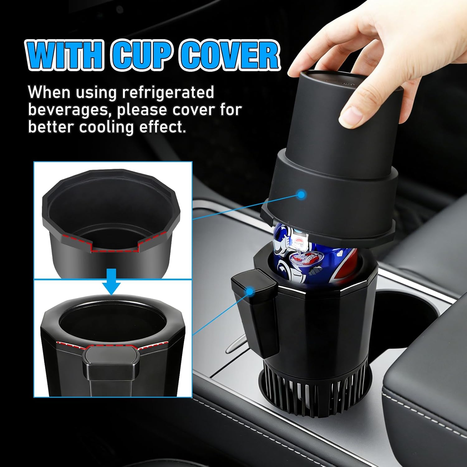 2 In 1 Auto Cooling And Heating Car Cup Holder with Insulation Lid for Car Coffee Warmer ​Cup Cooler & Mug Warmer, Portable Can Cooler 12V Fridge Travel Coffee Mug Quick Heating Cooling,1PC Pack,Black