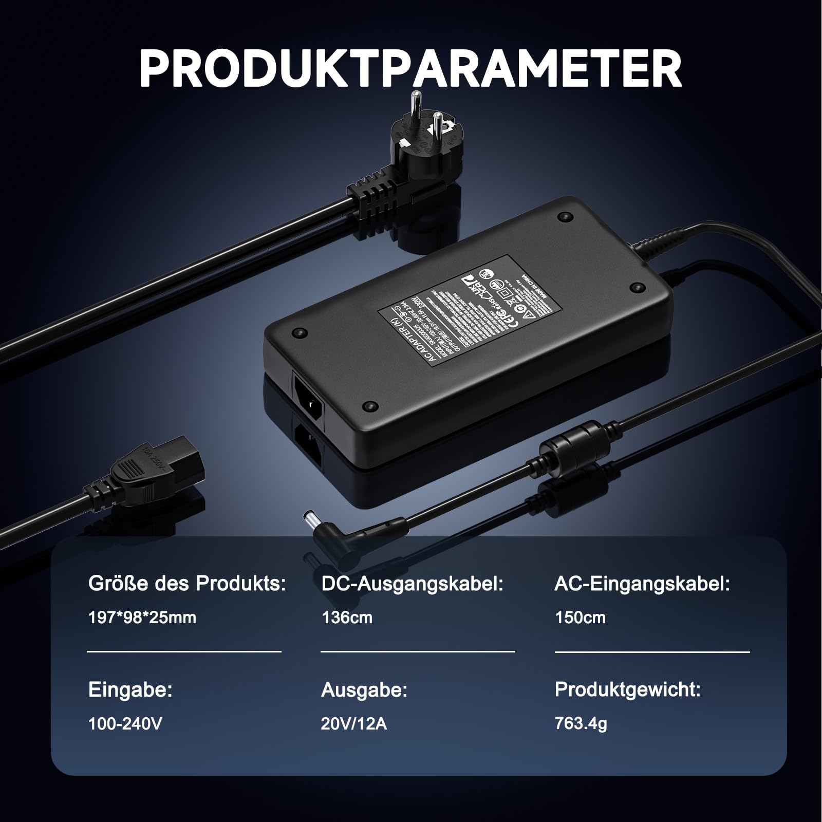 240W Laptop Ladekabel 20V 12A Netzteil Kompatibel mit ASUS TUF A15 A17 F15 F17 FA507 FX507 FA506 FX506 FA707 Rog Zephyrus G14 G16 G15 S17 ROG Strix G15 G17 G513 ADP-240EB B Ladegerät