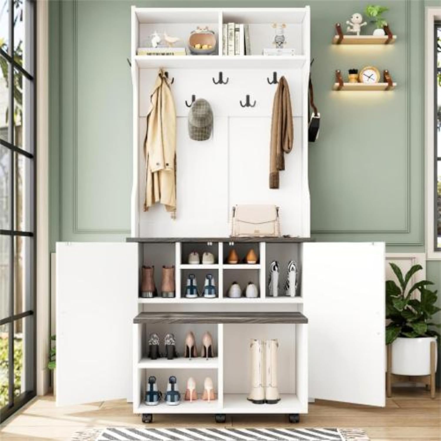 Farmhouse 4-in-1 Hall Tree with Barn Doors, Movable Bench with 7 Hanging Hooks and Shoe Storage Cabinet, 76.9" H Entryway Coat Rack with 6 Brake Wheels for Hallway, Living Room, White