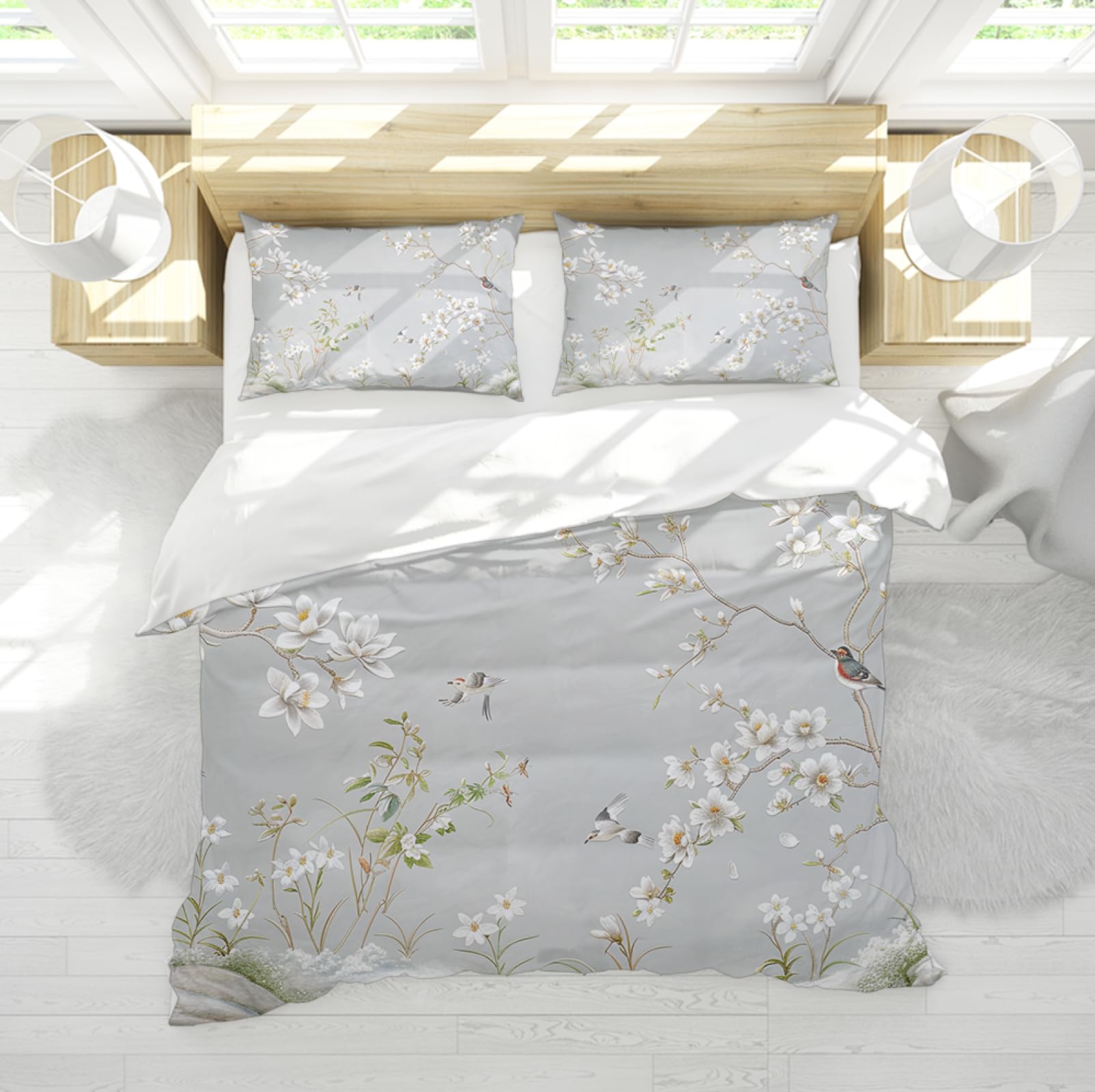 Housse de couette fleurs et oiseaux pour une chambre zen et douce en gris