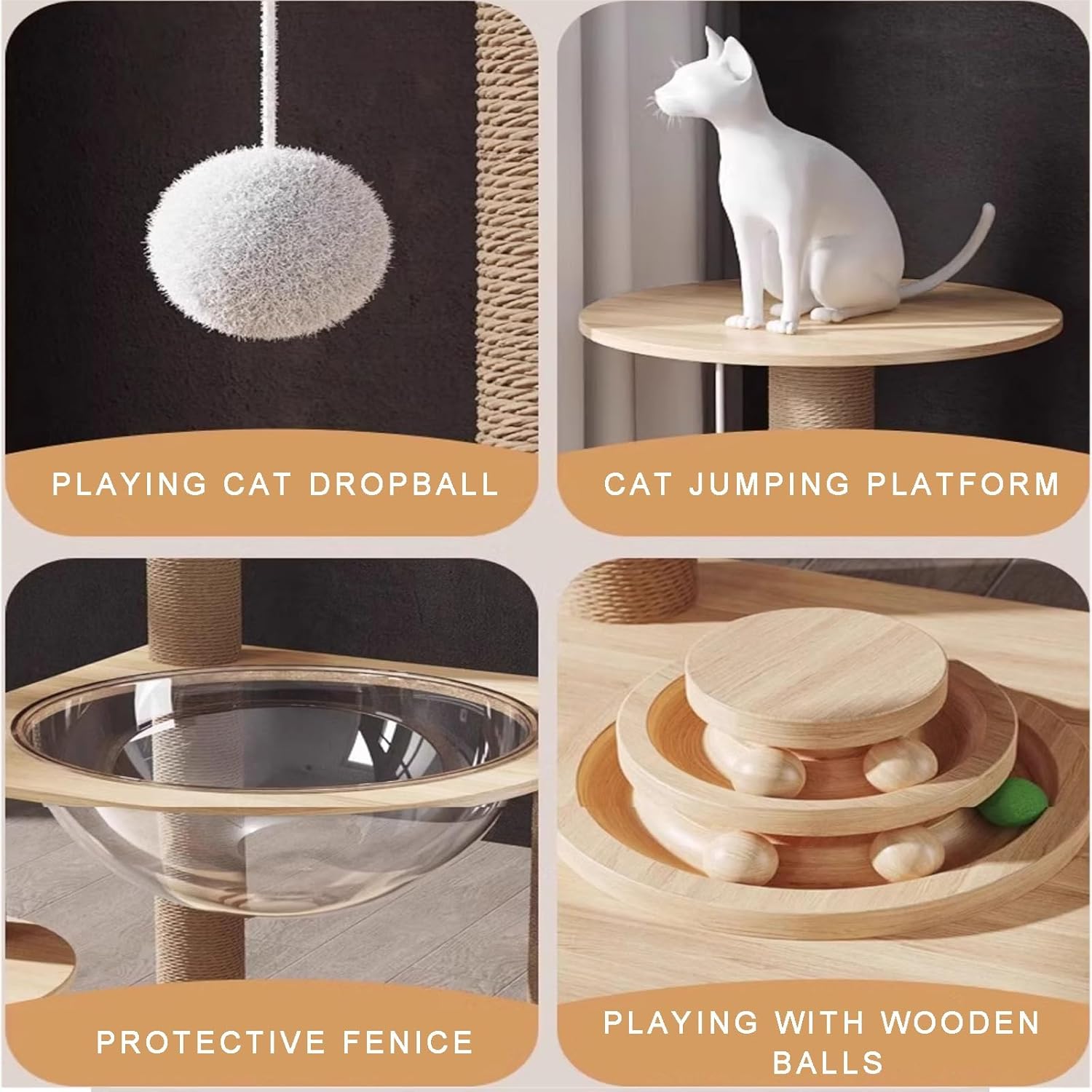 Floor-to-Ceiling 3 Tier Cat Tree 24.7”Tall Indoor Cats Tower with Observation Deck Acrylic Transparent Cat-Nest in Bowl Jumping Platform Solid Bottom with 2 Tier Turntable Balls