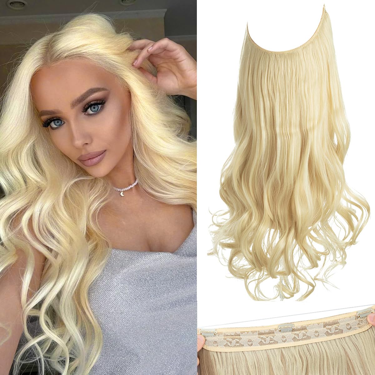 SARLA 14" Wavy 4.3oz Synthetic Wavy Halo Hair Extension Natural Hairpieces No Clip No Glue No Tape Size can be adjusted (M04, 613# bleach blonde)