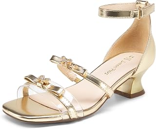 Girls Sandals Low Heel Dress Pump Ankle Strap Two Strapped Bow Flower Wedding Party Shoes for Little Kid/Big Kid