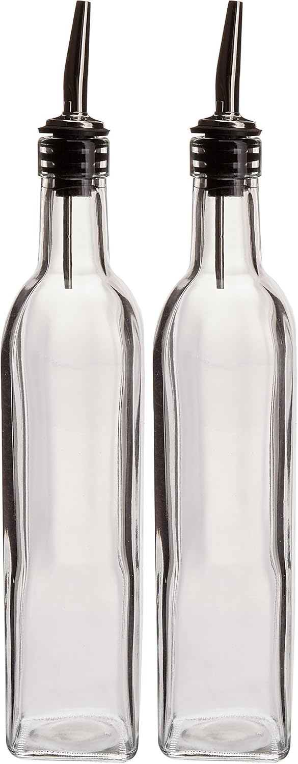 Winco 16 Oz. (Ounce) Oil Vinegar Cruet, Square Tall Glass Bottle w/Stainless Steel Pourer Spout (Pack of 2)