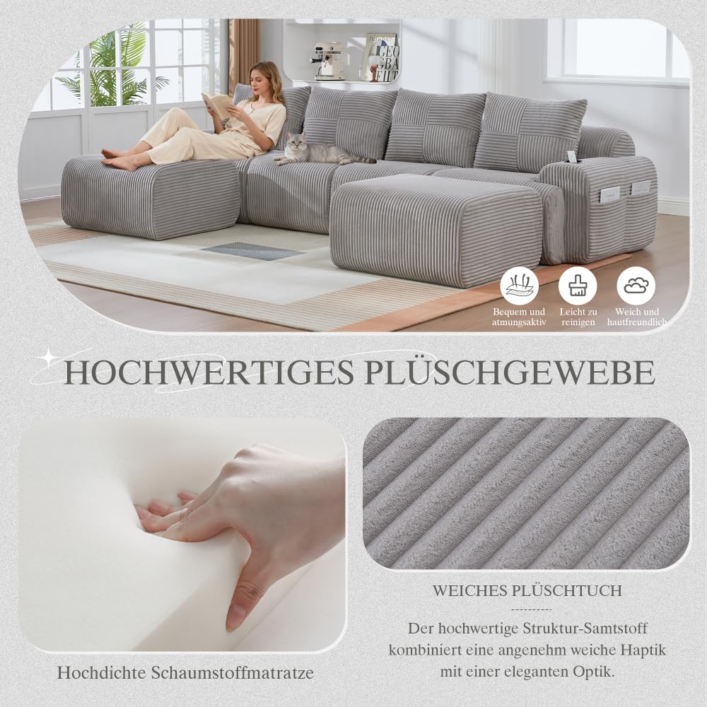 Sapgaks Sofá esquinero convertible, sofá modular compacto, sofá de 2 a 6 plazas, equipado con soportes para bebidas y compartimentos laterales de almacenamiento, no requiere montaje (U gris claro de 4