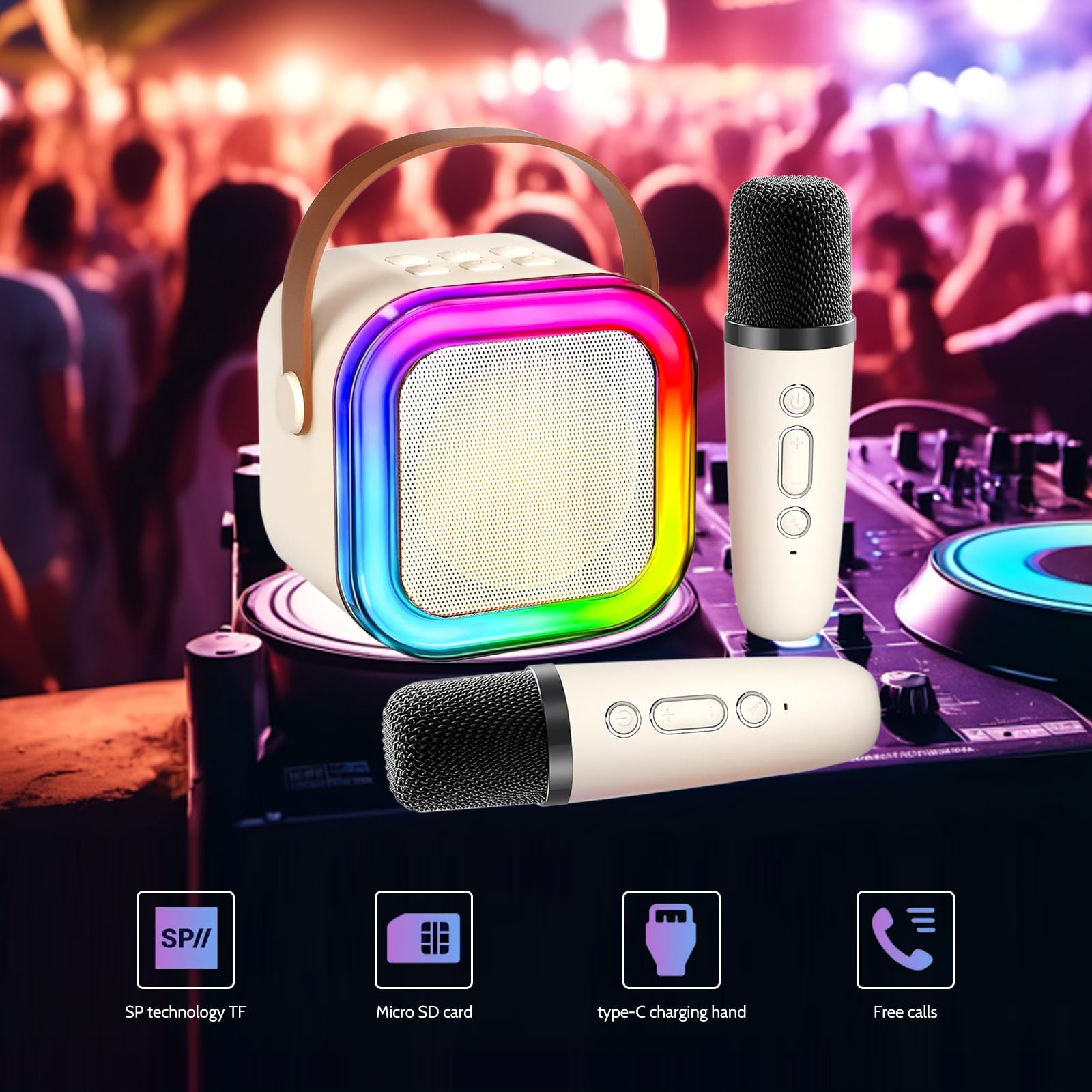 Maszyna do karaoke dla dzieci i dorosłych, mini maszyna do karaoke z 2 mikrofonami, przenośny głośnik Bluetooth z efektami głosowymi i diodami LED, mikrofon do karaoke, zabawka dla dzieci