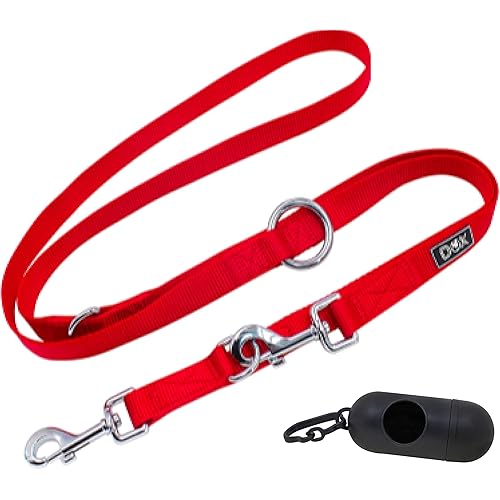 DDOXX Nylon Dog Leash - 6.6 ft, 3-Way Adjustable Leash Dogs - M (Red)