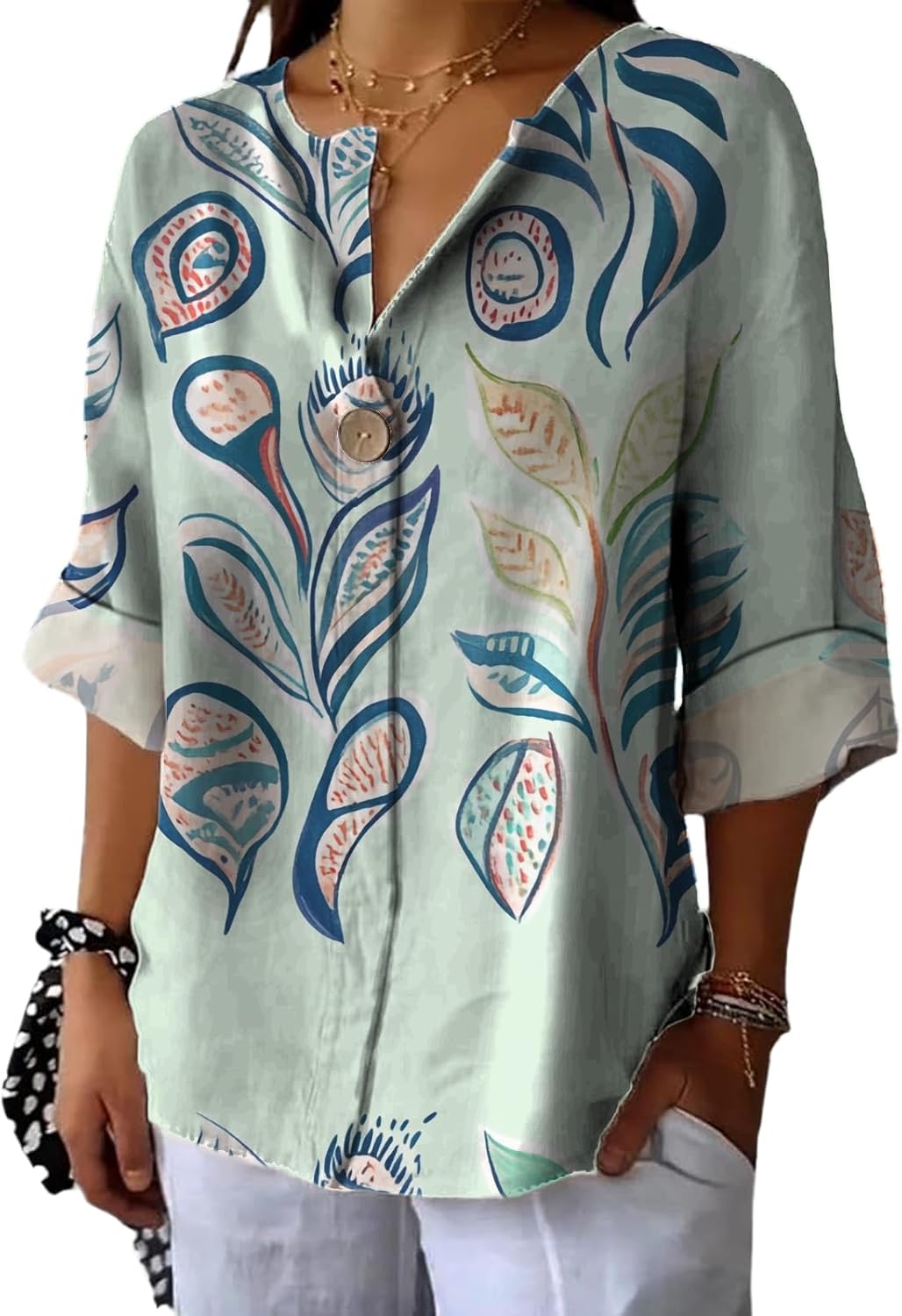 2025 Trendy 3/4 Length Sleeve Tops Oversized Button Down Floral Graphic V Neck Dressy Casual Vacation Summer Blouse