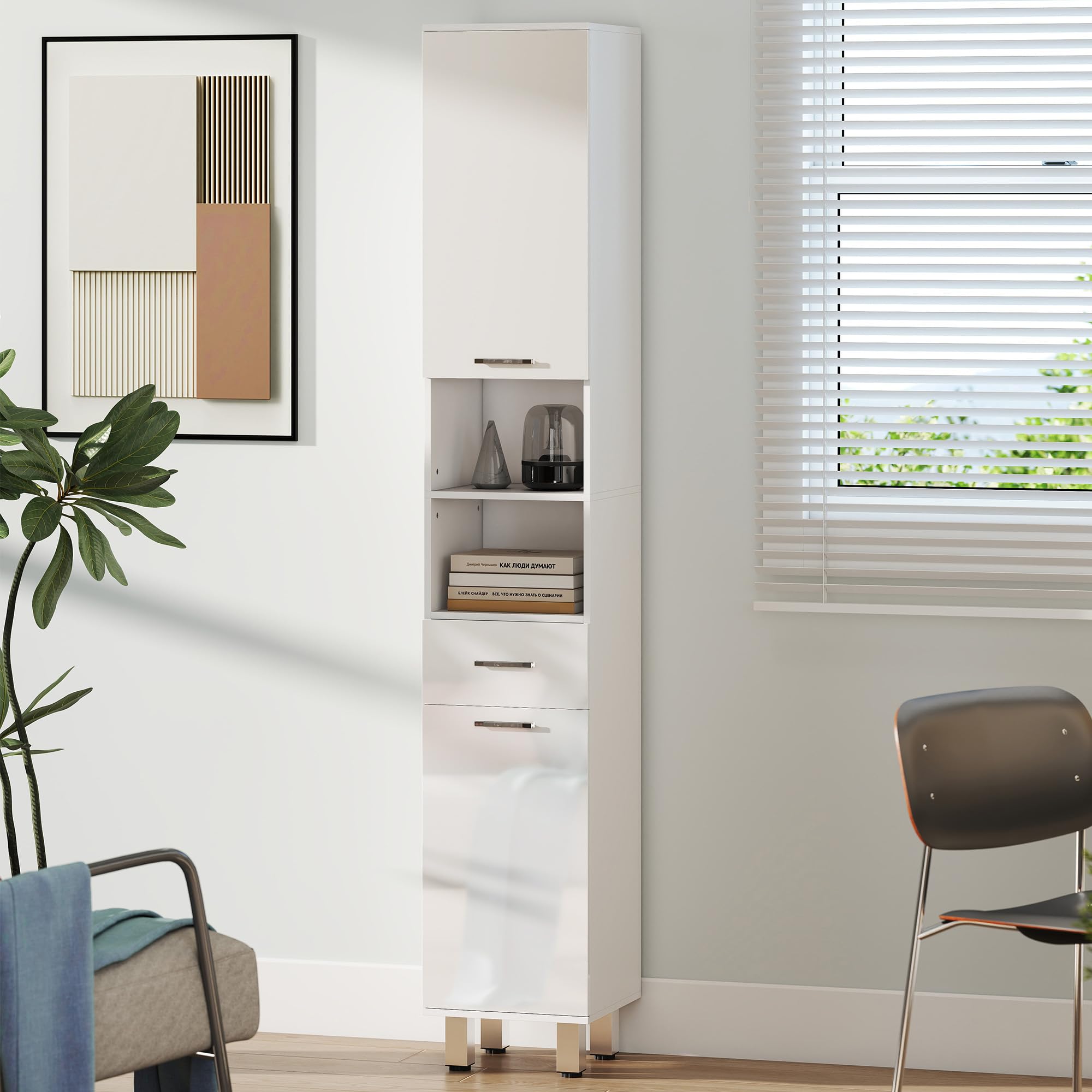 kleankin Mobiletto Bagno Salvaspazio a Colonna, Mobile Bagno con Cassetto, 2 Ripiani Aperti, 2 Armadietti, Ripiani Regolabili, per Sala da Pranzo Salotto Soggiorno Cucina, 30x30x180cm, Bianco Lucido