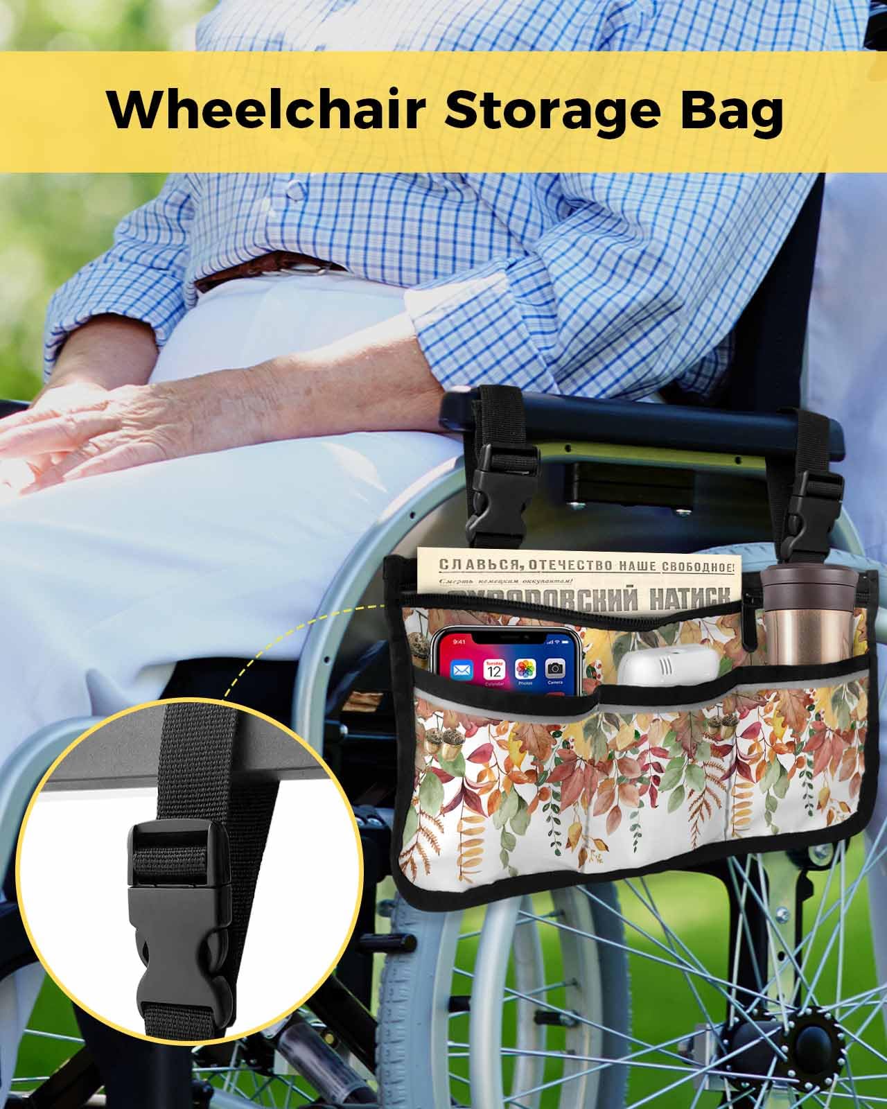 Anzona Fall Botanical Wheelchair Side Bag Walker Bag, Autumn Watercolor Eucalyptus Leaves Wheelchair Accessories Armrest Pouch, Organizer Storage Bag for Walkers, Rollators, Scooters, 7.3''x13''