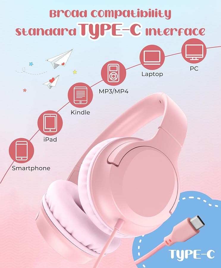 DyBaxa Kids Headphones,Wired On-Ear Foldable Headphones for Kids,Light Pink | Volume Limiter 94dB Kid Headphones for School Classes Travel, Lightweight Kids Headset Compatible PC iPad Tablet Kindle, image 2