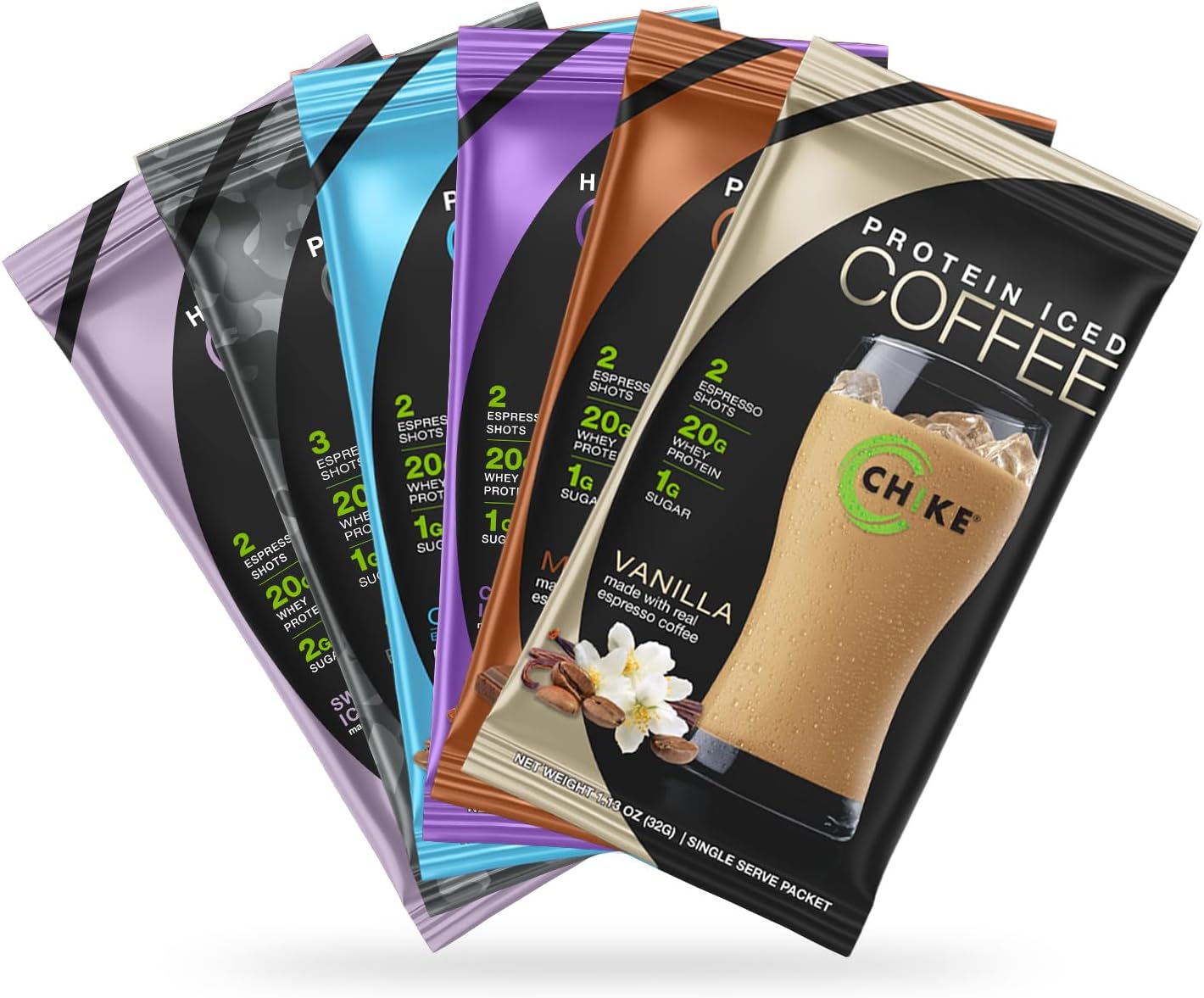 Chike High Protein Iced Coffee Sampler Pack, 20 G Protein, 2 Shots Espresso, 1 G Sugar, Keto Friendly and Gluten Free, 6 Single Serve Packets