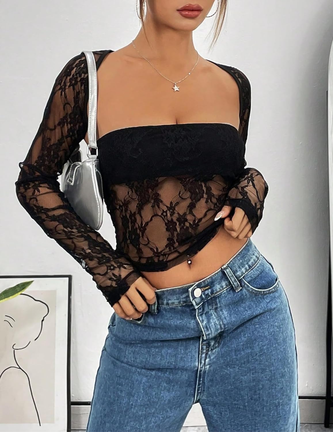 Going Out Tops for Women Long Sleeve 2 Piece Square Neck Tank Top Lace Mesh Sheer Crop Tops Strapless Shirts - Image 3