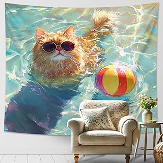 Coole Katzen-Pool-Wandteppich, verspielte orangefarbene Katze mit Sonnenbrille, dekorativer Wandbehang, ästhetische Sommer-Tapisserie für Wohnzimmer, Schlafzimmer, Schlafsaal, lustige Heimdekoration product image
