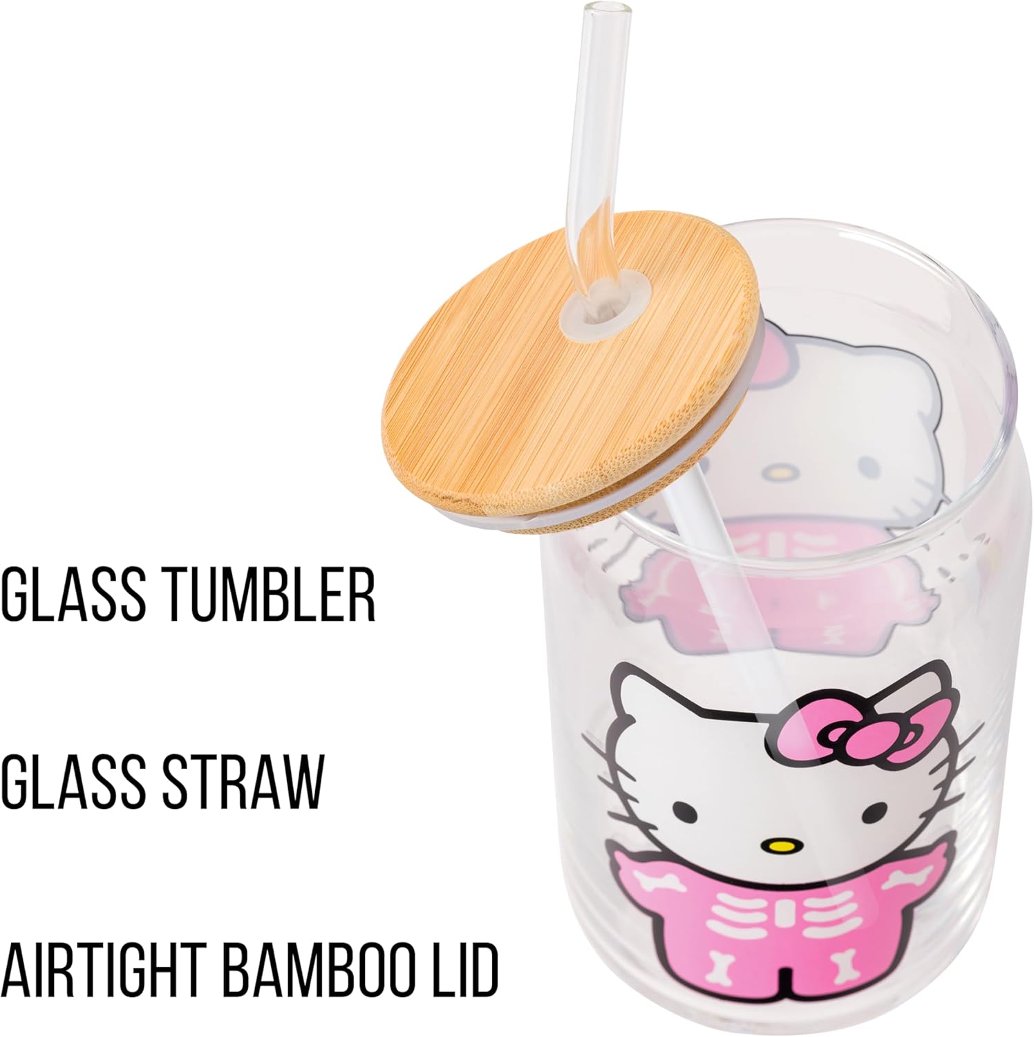 Silver Buffalo Sanrio Hello Kitty Halloween Spooky Skeleton Glass Jar Tumbler with Bamboo Lid and Glass Straw, 16 Ounces - Image 4