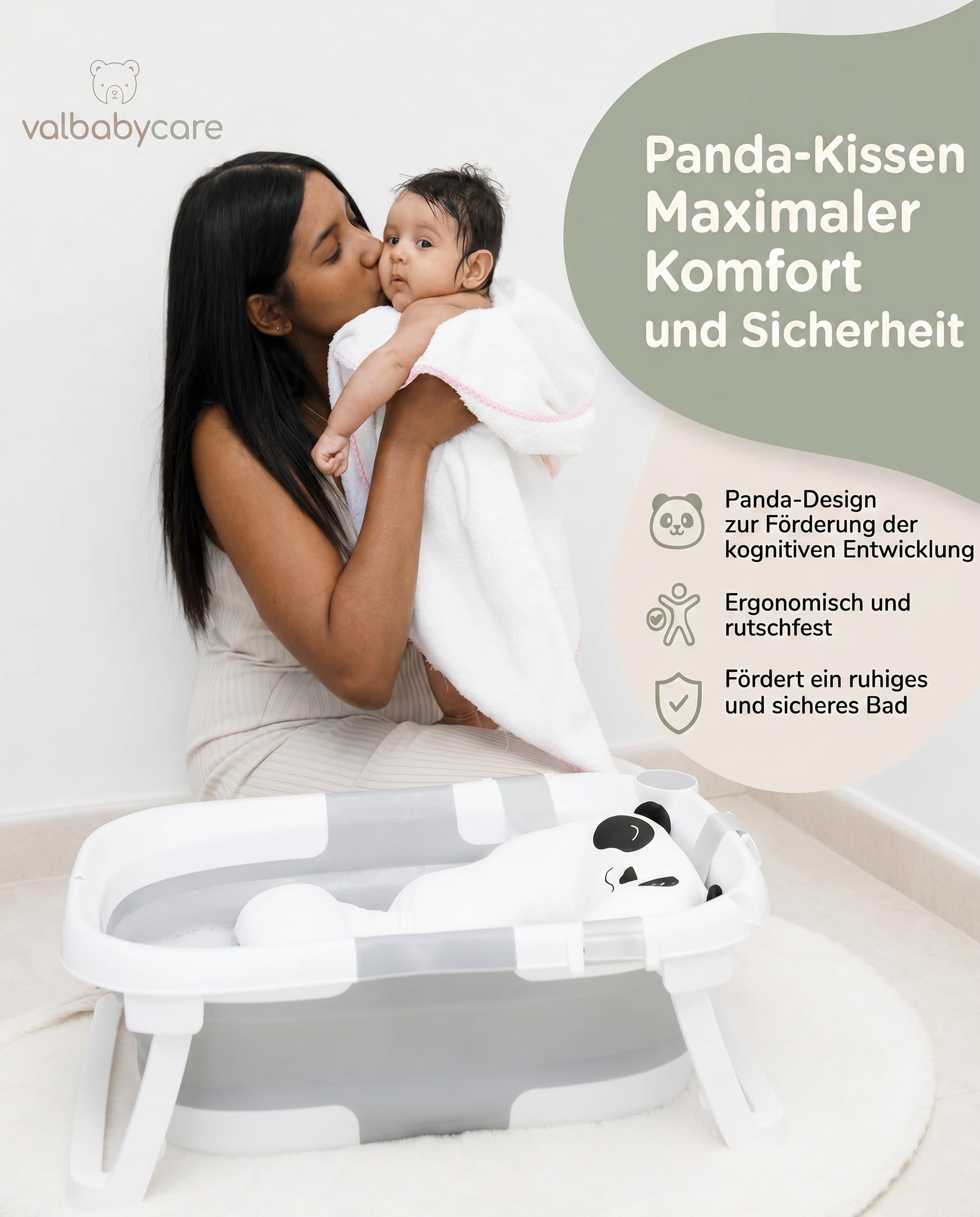 Baby Badewanne Faltbar Antirutsch Ergonomisch Neugeborene Bis 2 Jahre mit Panda Kissen Groß und gepolstert Faltbare Babybadewanne Babywanne Tragbare Wanne Leicht Zu Reinigen BathTub Bath VALBABY
