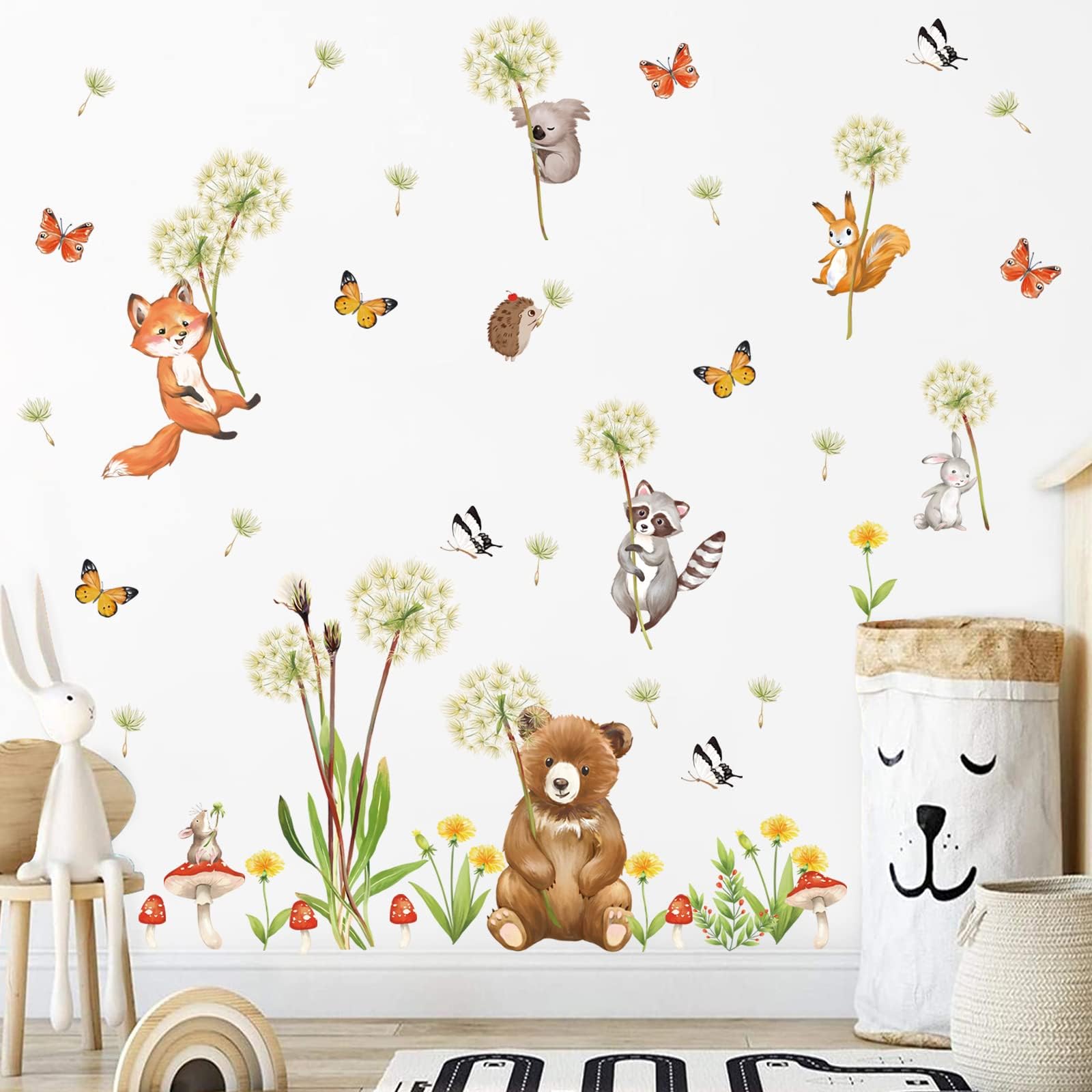 wondever Animals with Dandelion Wall Stickers Bear Koala Fox Peel and Stick Wall Art Decals for Baby Nursery Kids Bedroom TV Wall