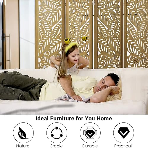 Miniatura 4 de ECOMEX Divisor de ambientes de madera de 5.6 pies con recorte de 4 paneles y pantallas plegables, separadores de ambientes tallados para oficina en