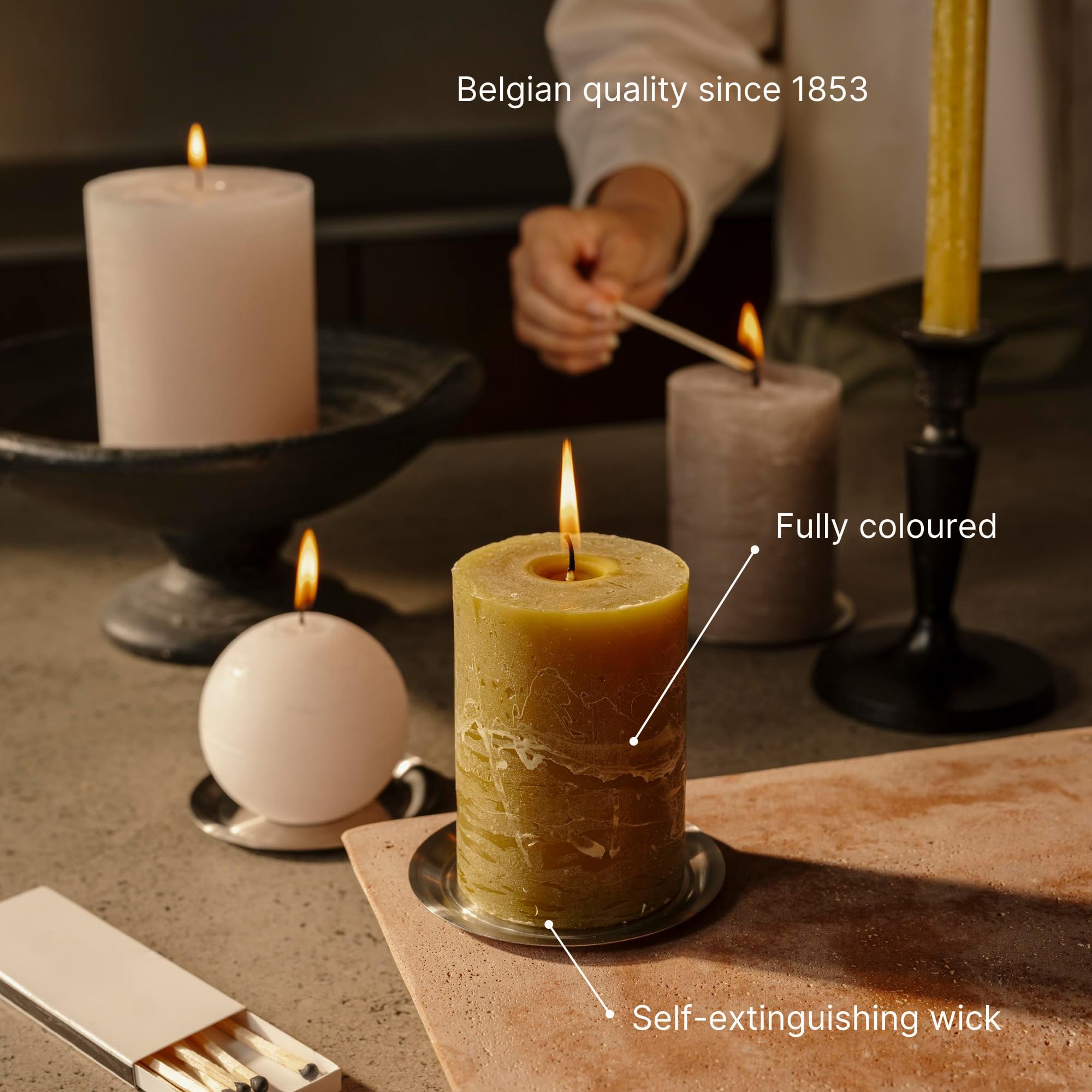Spaas 6 candele rustiche non profumate, 80/110 mm, ± 65 ore, verde oliva