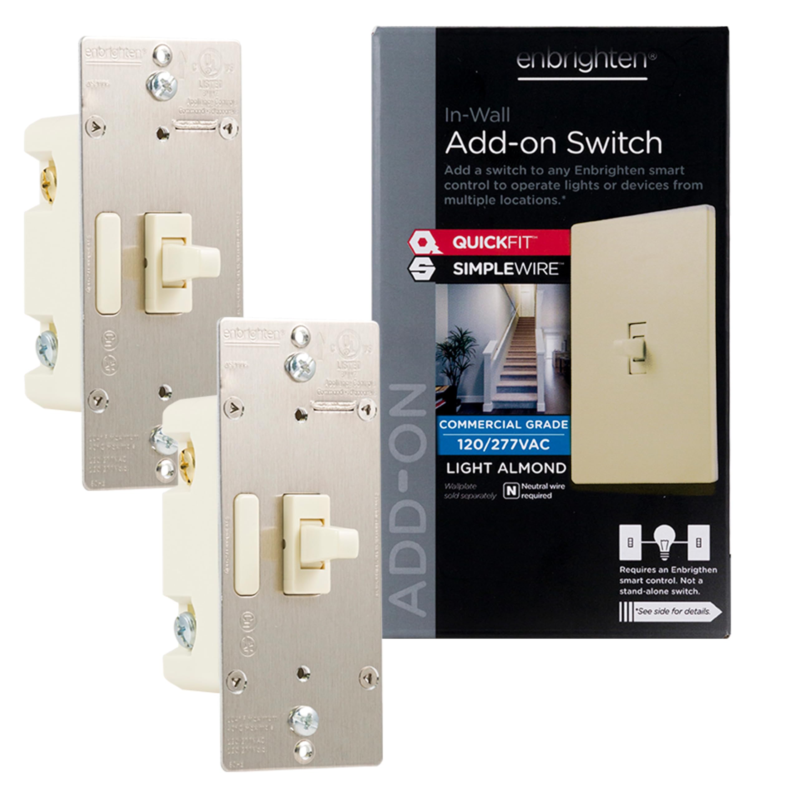 Enbrighten Almond Add-On Switch, QuickFit &amp; SimpleWire, Z-Wave/Zigbee, Not A Stand Alone Switch, 2 Pack, 85096