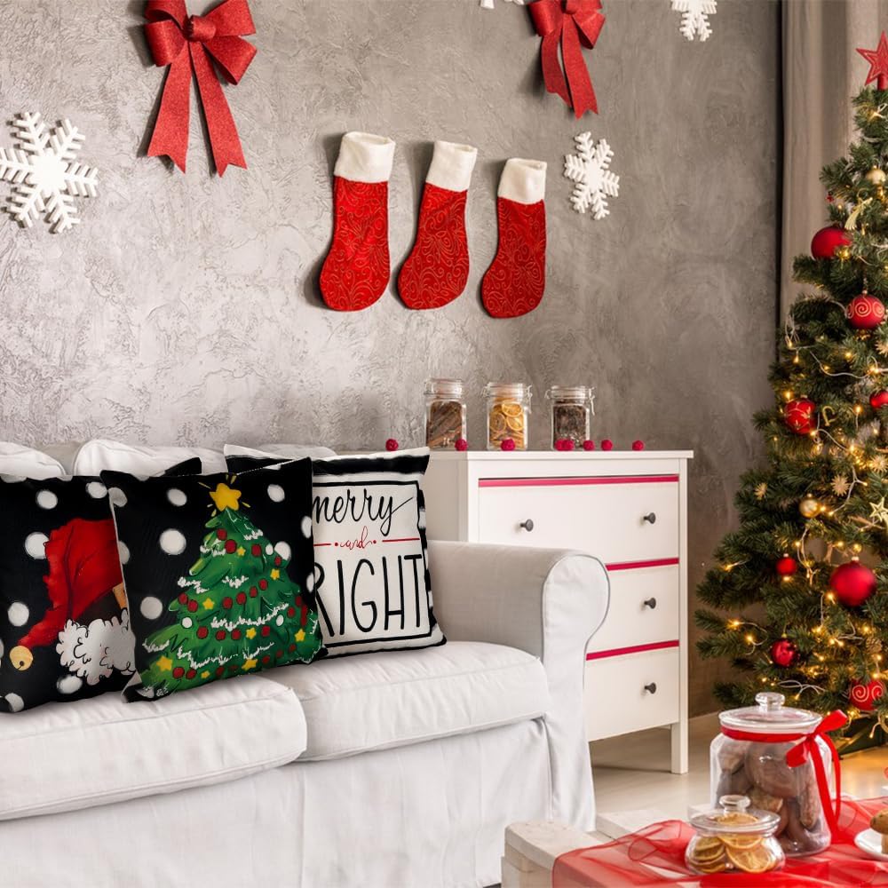 DIYDEC 4PCS Christmas Pillow Covers 18x18 inch Hello Winter Merry Bright Throw Pillow Covers Xmas Tree Hat Black White Striped Dot Decorations Cushion Case for Couch Sofa Outdoor Indoor Home