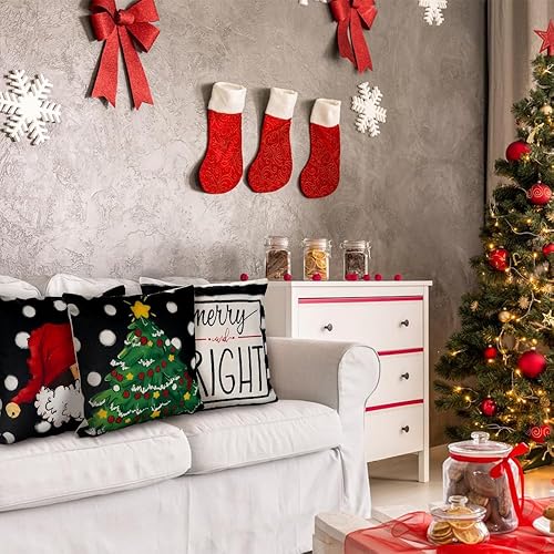 Miniatura 6 de 4 fundas de almohada de Navidad de 18 x 18 pulgadas, diseño de Hello Winter Merry Bright, diseño de sombrero de árbol de Navidad, decoración de