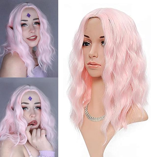 FAELBATY 14 Inch Cosplay Loose Wave Pink Wigs Women's Short Wig Curly Wavy Synthetic Cosplay Wig Pure Pastel Wig for Girl Costume Wigs Light Pink Wig