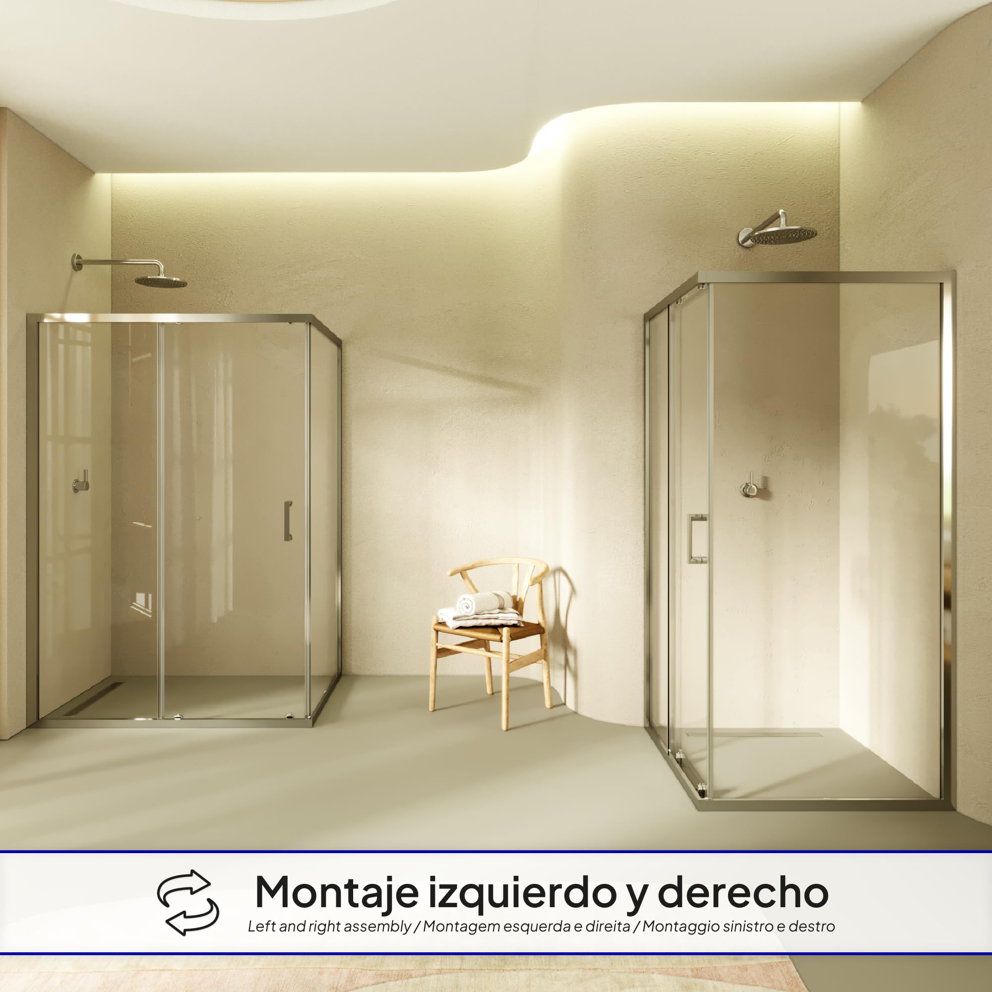 Mampara de Ducha Dora 100x100x190cm, REVERSIBLE, Puerta Corredera, Ajuste 97.5-99.5x97.5-99.5cm, Perfiles Cromados, Cristal Templado Transparente 6mm