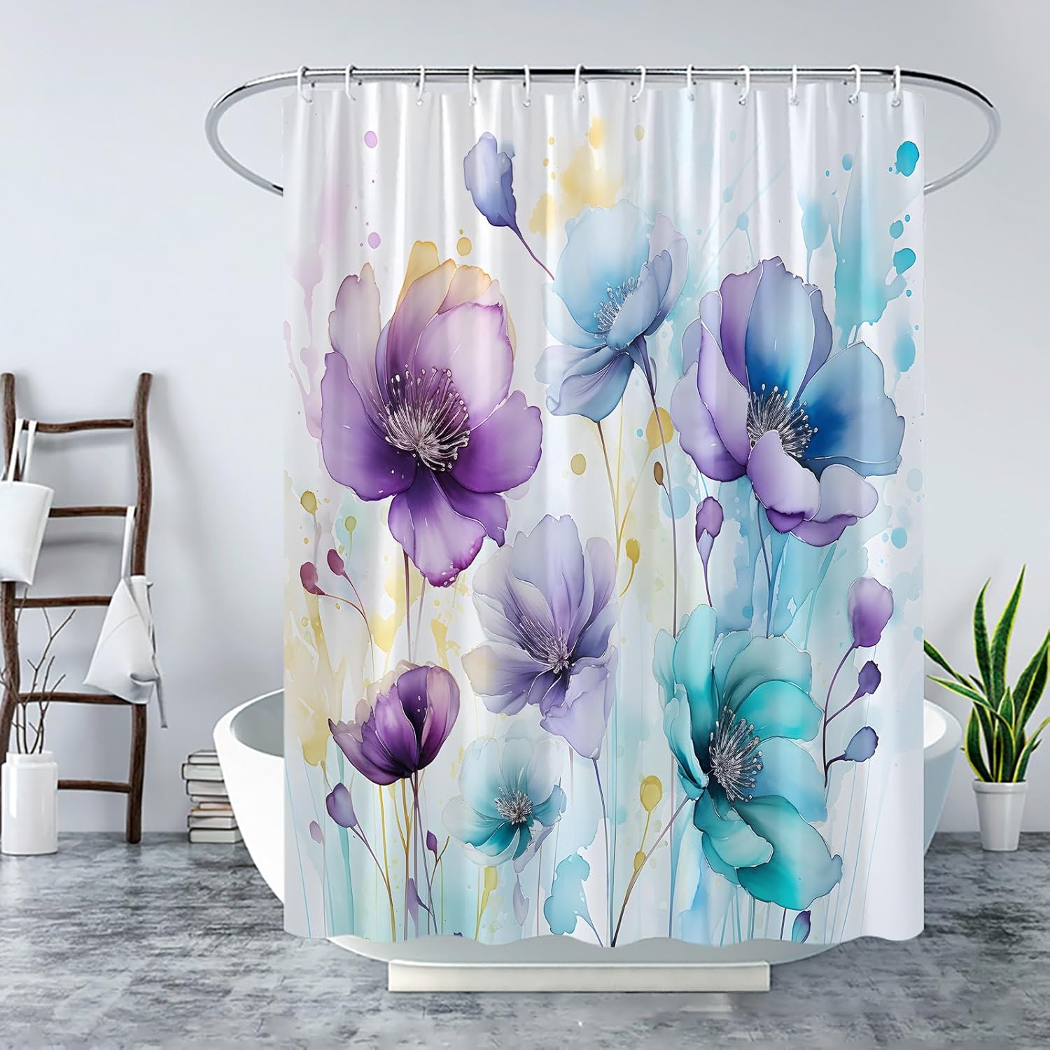 Watercolor Floral Shower Curtain Purple Teal Colorful Flower Leaves Modern Modern Abstract Vibrant Wildflower Plant Minimalist Fabric Bathroom Curtain Set with Hook