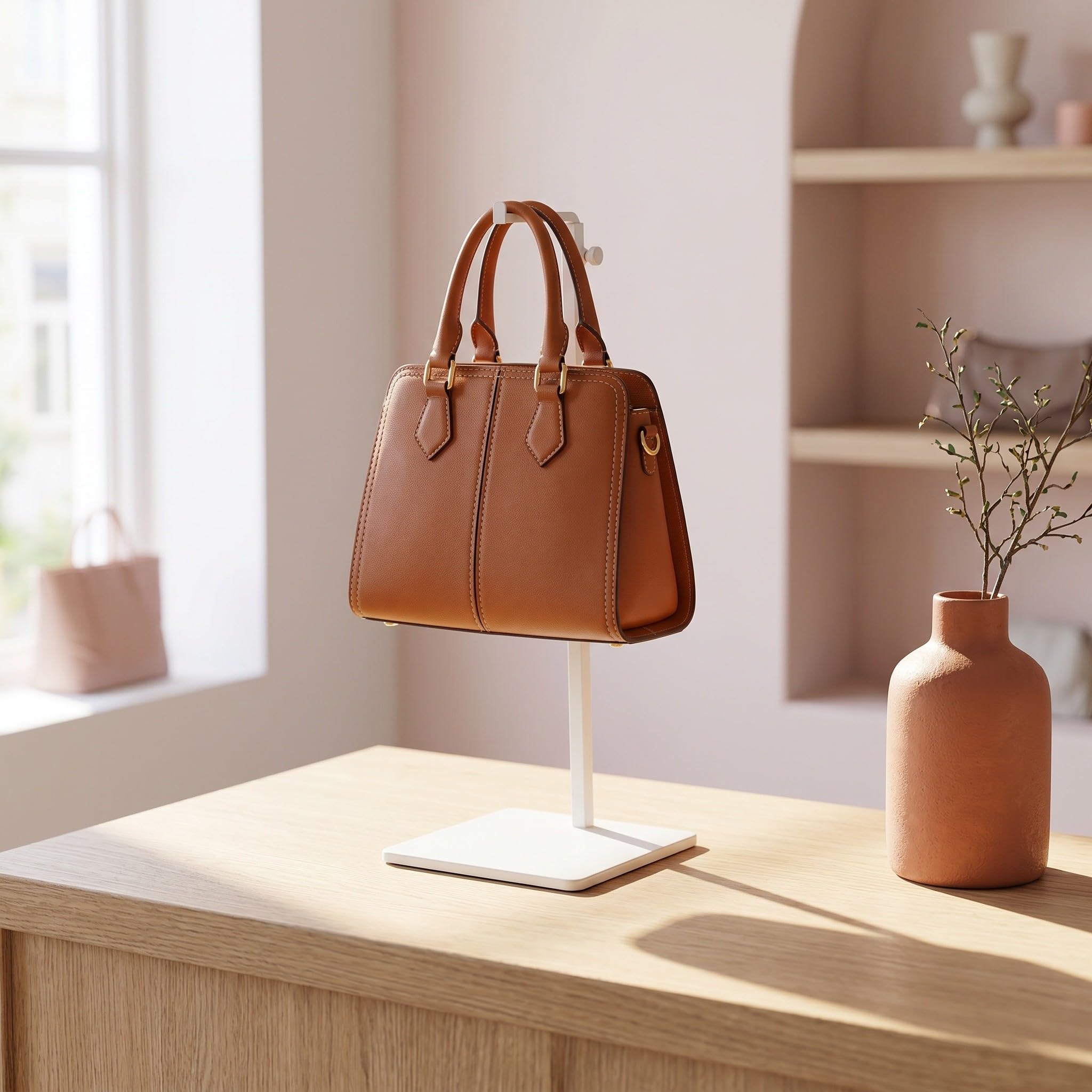 Artibetter 3 percheros metálicos para bolsos, soporte de exhibición para bolsos con altura ajustable, organizador de con gancho para mesa o mostrador.