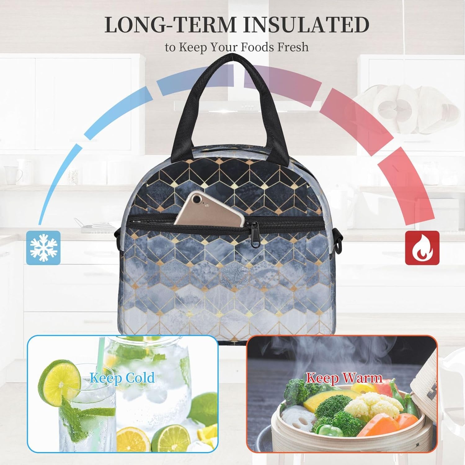 Blue Hexagons and Diamonds Print Reusable Lunch Bag Insulated Lunch Boxes for Office Work Picnic Tote Bag Adjustable