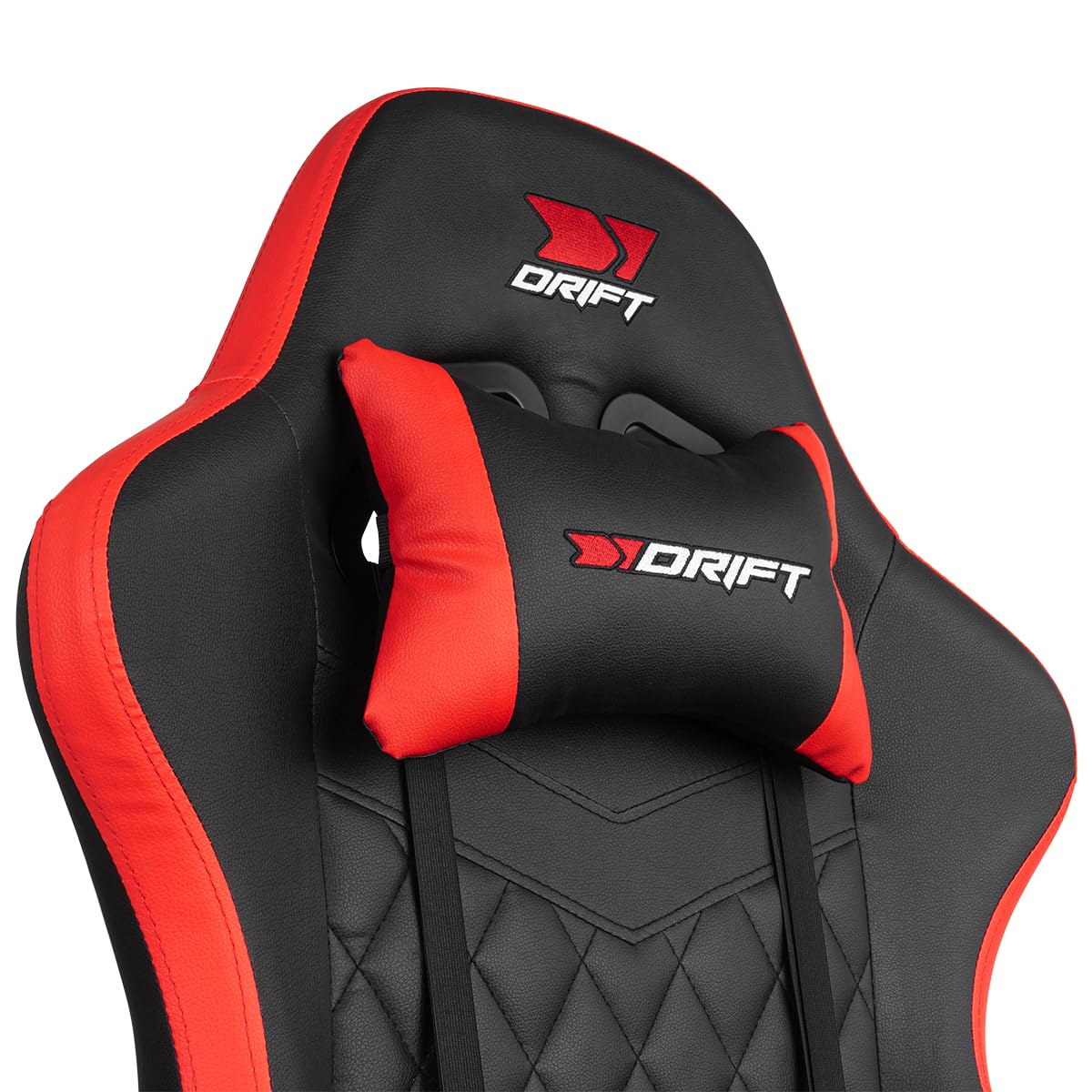 DRIFT GAMING DR35 – Profesjonalny ergonomiczny fotel gamingowy z podparciem lędźwiowym i regulowanymi podłokietnikami 2D, odchylany 135°, ciche koła, tapicerka ze skóry syntetycznej, Czarny/Czerwony