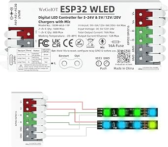 WeGoIOT ESP32 WLED Controller with 16A Fuse for 5V-24V LED Strip Dynamic RGB IC DIY Port WiFi App Control Easy Wiring FCOB Addressable Strip Light DOM-WLE-11P with Mic