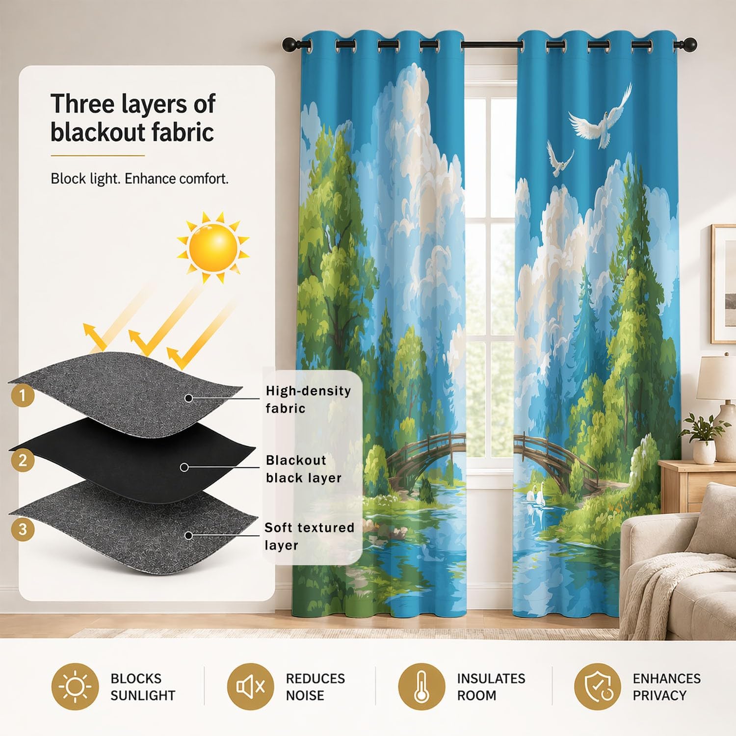Générique Rideaux Occultants Nature Fraîche 140L X 260H cm Lac Serein, Pont Bois, forêt luxuriante – Isolation Thermique et Protection de l'Intimité, 2 Panneaux pour Chambre d'enfant