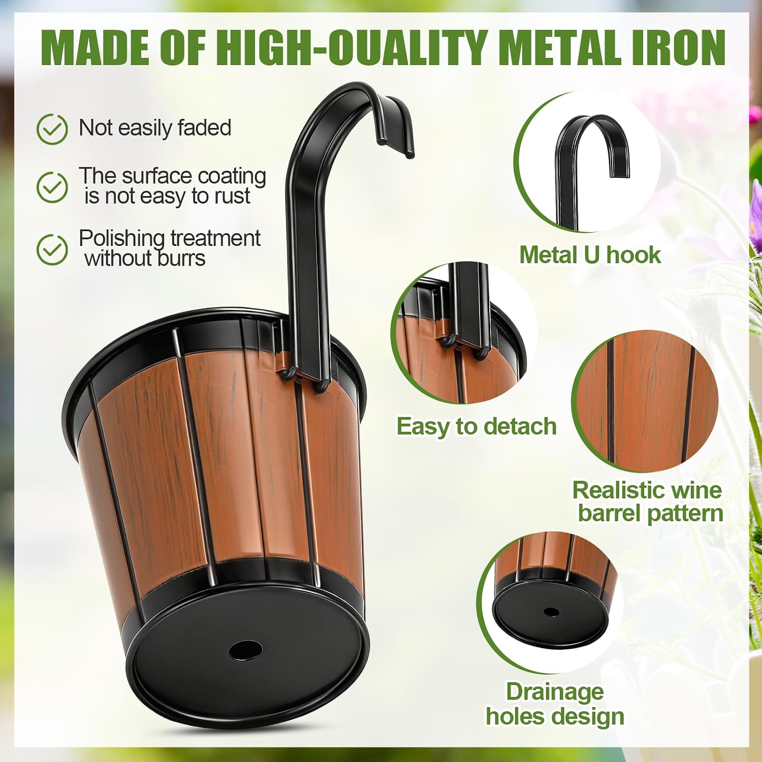 6 Pcs Wine Barrel Hanging Flower Pots, 4 Inch Metal Iron Planter for Railing Fence Balcony Wall Outdoor Hanging Bucket Pots with Detachable Hooks for Railing Fence Garden Yard Home Decor