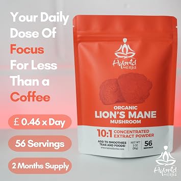 Organic Lions Mane Mushroom Powder 10X Strength - Nootropic Brain Supplement for Focus Memory & Concentration | Lion’s Mane HIGH Potency 10:1 Extract - 56 Serving (56g)