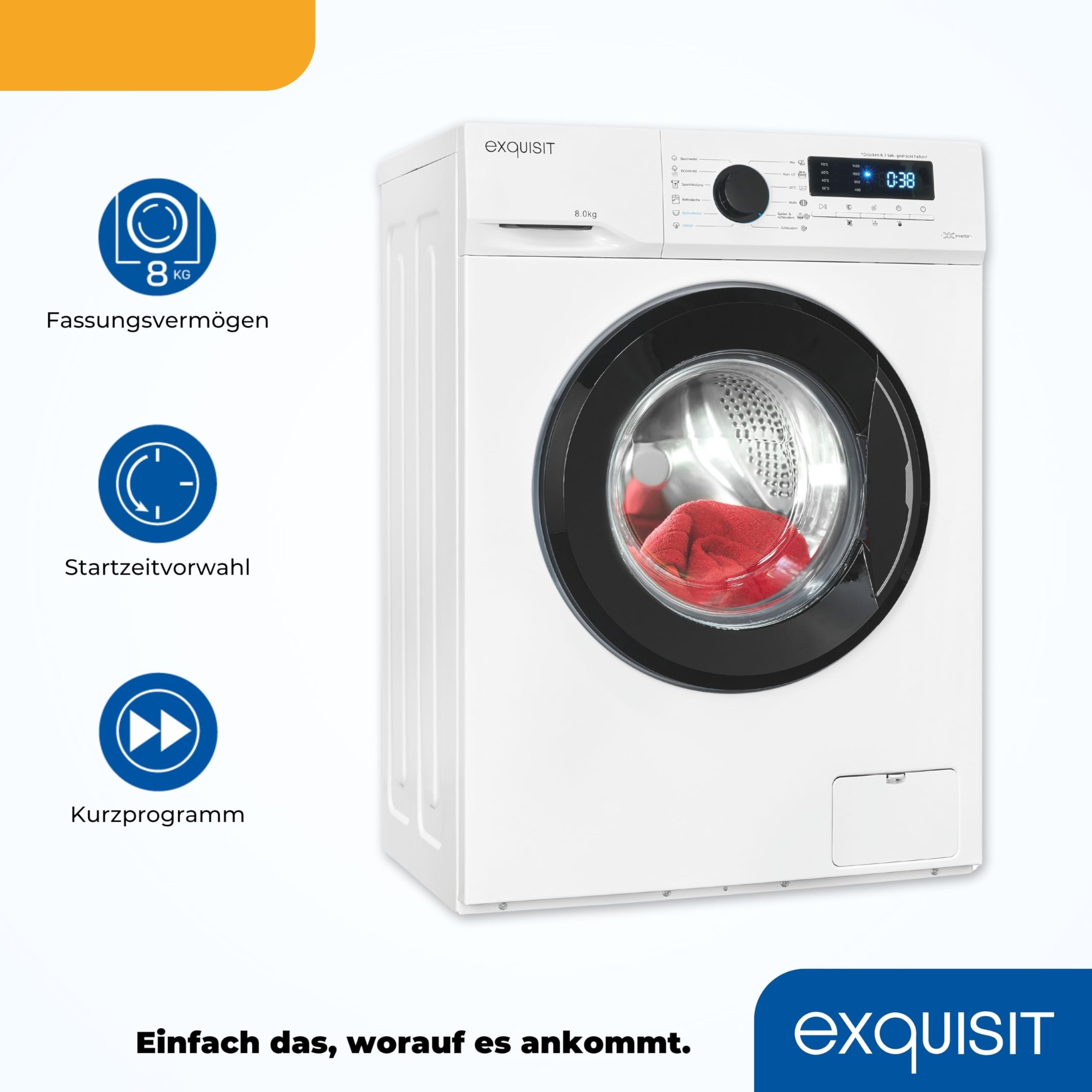 Exquisit Waschmaschine WA8014-020A Weiss - 8 kg - Energieklasse A | 1400 U/min Schleuderdrehzahl - 12 Programme - Startzeitvorwahl - Trommelreinigung - Sicherer Betrieb mit Kindersicherung