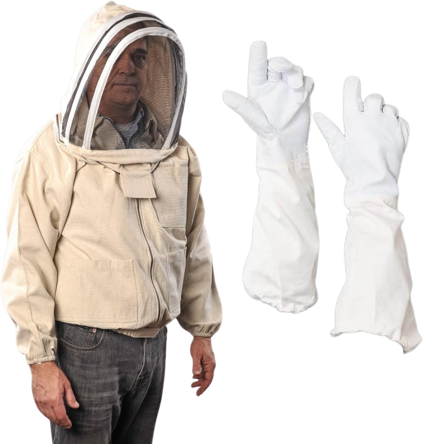 Bee Jacket with Veil - Natural Canvas Bee Suit Jacket with Elastic Waist & Cuffs, YKK Brass Zippers, 3 Utility Pockets. Removable Hood Interchangeable with Forest Beekeeping Suit.(Large)