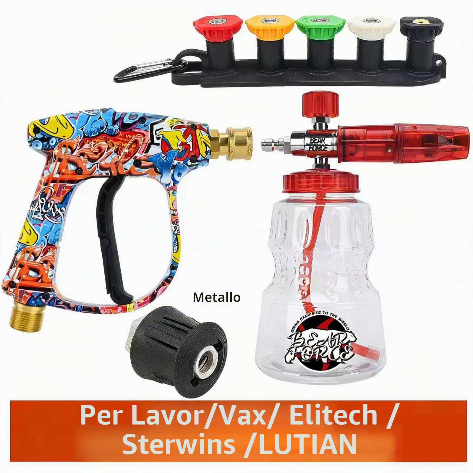 BEAR FORCE Pistola Spruzzatrice per Idropulitrice M22-ID14MM & Lancia Schiuma Ugello1L Set, compatibile con Lavor, Lavor Wash Lidl, Vax, Parkside, Sterwins, Deko, per la pulizia auto
