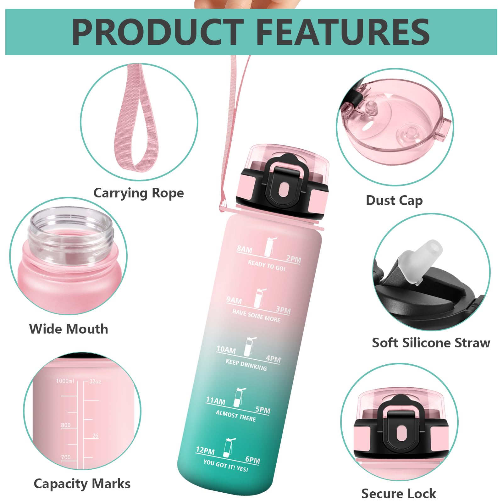 Grsta Borraccia 1 litro, Senza Perdite Borraccie Palestra, con Indicatore del Tempo, Borracce con Cannuccia, Bottiglia Motivazionale per Scuola, Fitness, Campeggio